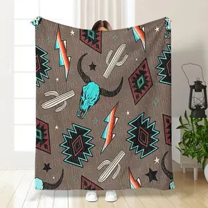 Western Desert Cactus & Bull Head Pattern Blanket, Soft Warm Throw Blanket, Cool Bedroom Bedding Blankets, Air-conditioned Room Blanket, Travel Camping Blanket