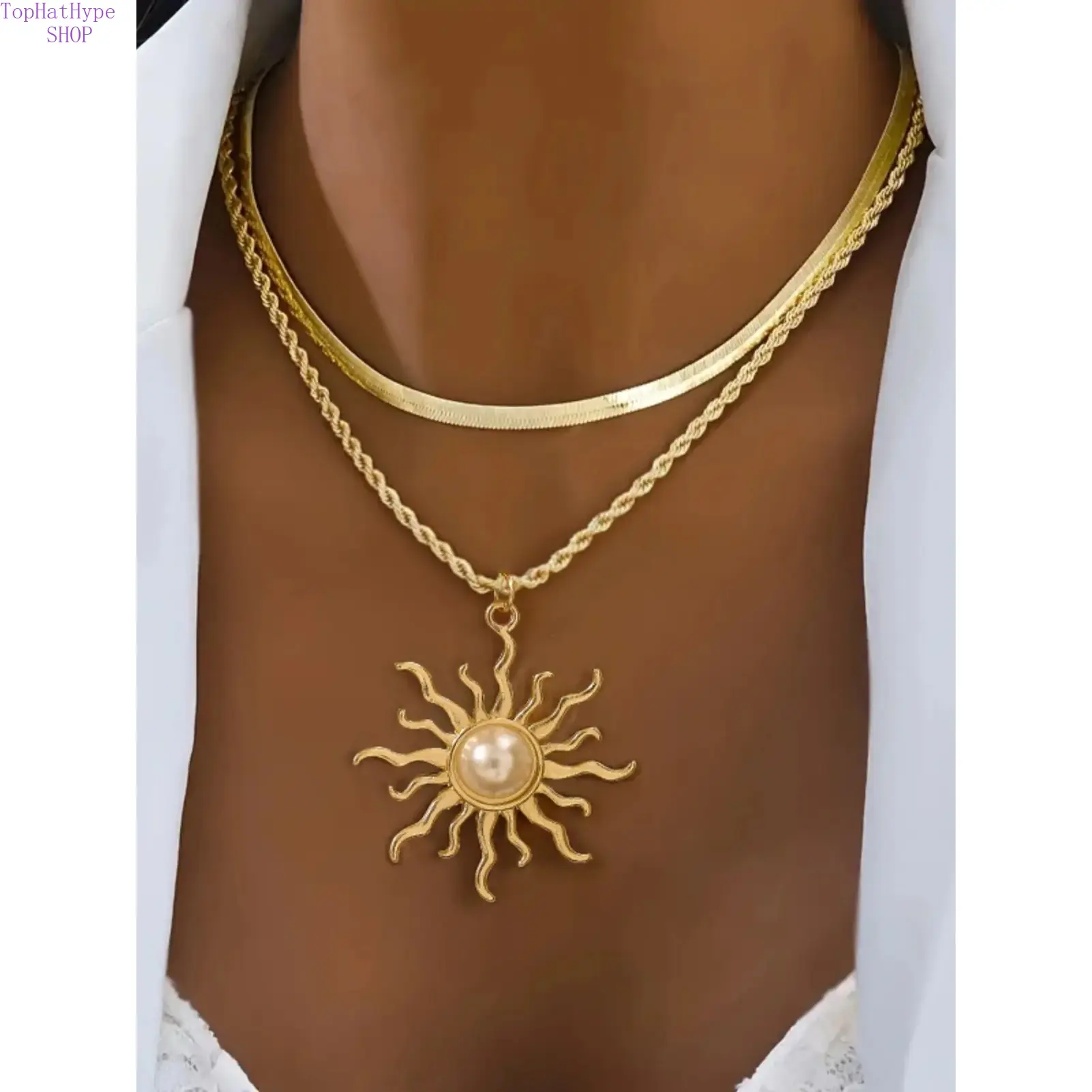 Women's 1-Piece Fashionable Metal Links Necklace - Gold Chain with Solar Motif Pendant and Artificial Pearl, Costume Jewelry for Daily Wear & Parties, One-Piece