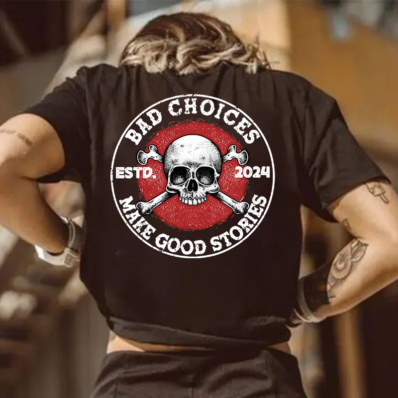 BAD CHOICES Skull Print Women's T-Shirt, Hoodie, Sweatshirt - Aesthetic Tattoo Style, Summer Outfits, Streetwear, Nun Vintage Men Graphic Tee