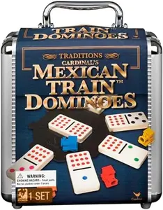 Mexican Train Dominoes Set Tile Board Game in Aluminum Carry Case Games with Colorful Trains for Family Game Night, for Adults and Kids Ages 8 and Up