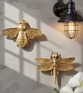 Vintage Gold Bee / Dragonfly Wall Sculpture - Resin Wall Decor - 3D Wall art for Bedroom, Living Room, Bathroom, Aesthetic Room, Office & Home Decoration - Hangable Wall Ornament - Decorative Wall Hanging - Gift Idea for Birthday, Thanksgiving & Christmas