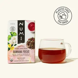 Numi Organic Damiana Focus Tea with Ginkgo Leaf Lion's Mane Hibiscus & Rosemary for Focus Memory & Cognitive Function Caffeine Free Plastic Free