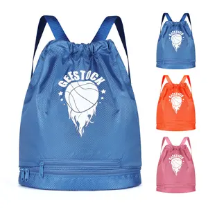 Rope-drawing backpack sports and fitness bag with shoe compartment and mesh pocket, string swimming beach bag with wet pocket, s
