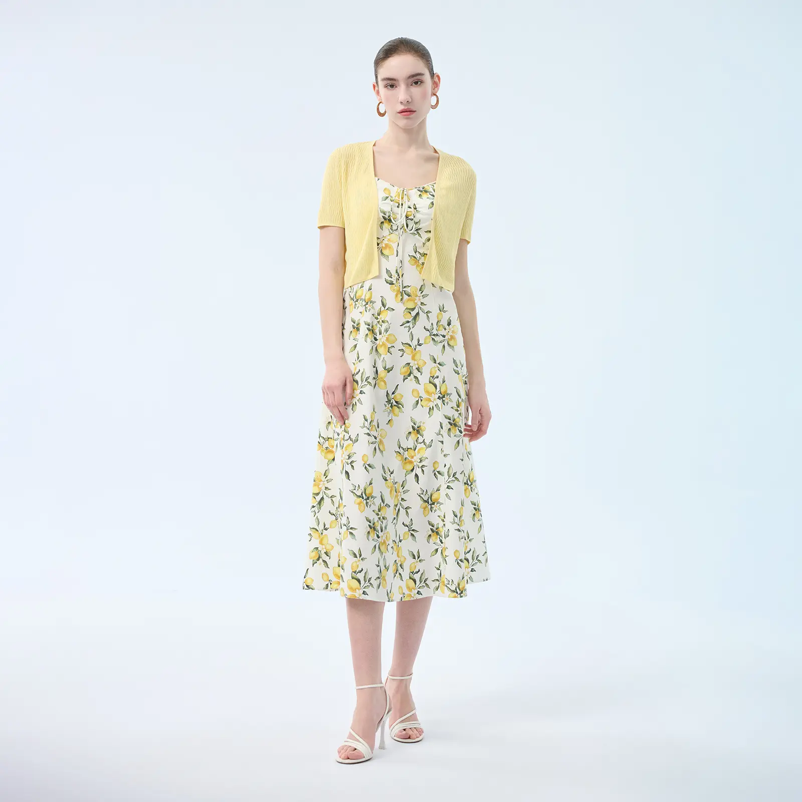 Cotton Lemon Print Strap Dress And Cardigan Two-Piece Set