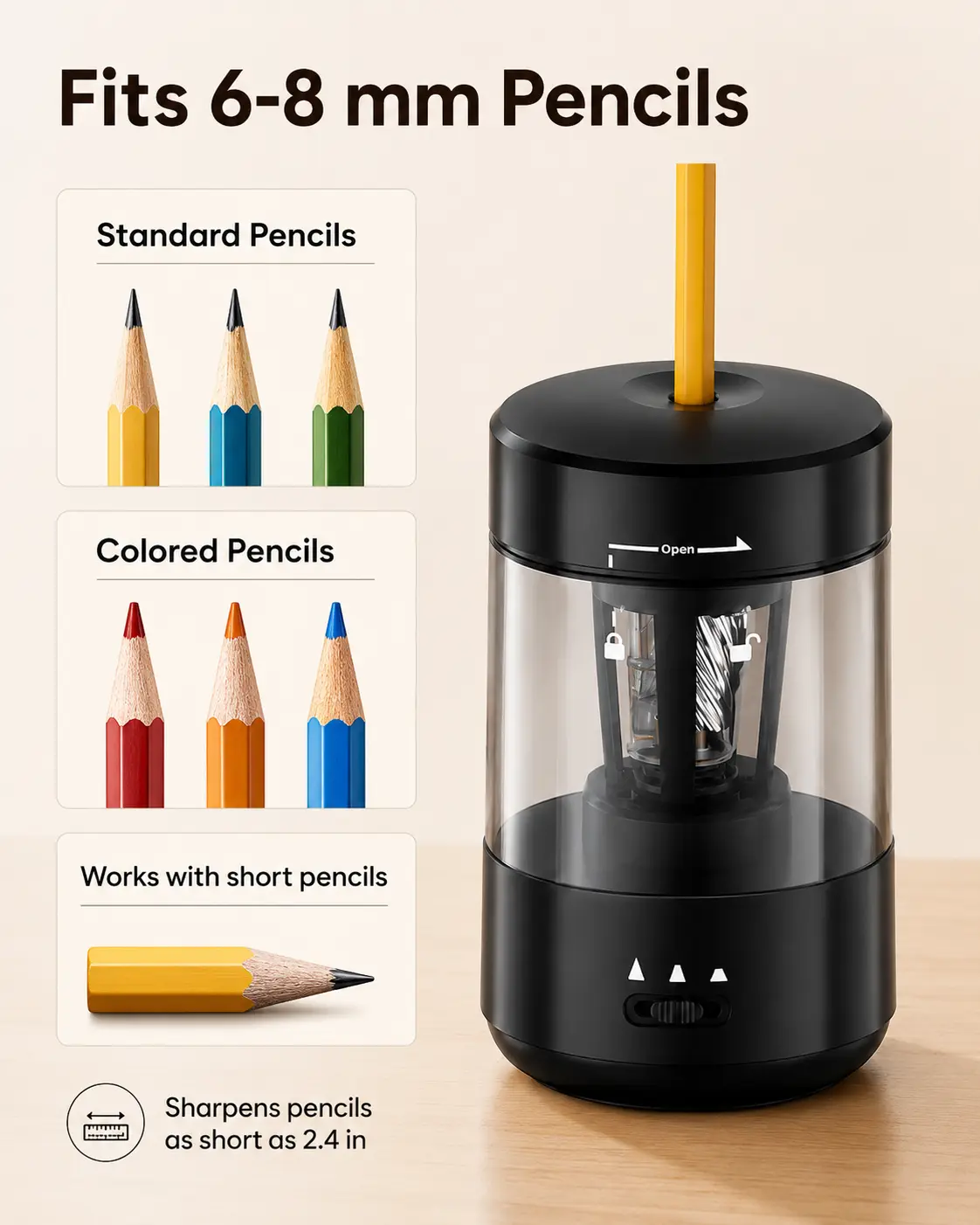 Fully Automatic In & Out Rechargeable Pencil Sharpener, Electric Pencil Sharpener for Classroom, 6-8mm Pencils & Colored Pencils, Type-C Rechargeable, 3 Tip Settings, Portable Pencil Sharpener for School Supplies, Home Office, Black