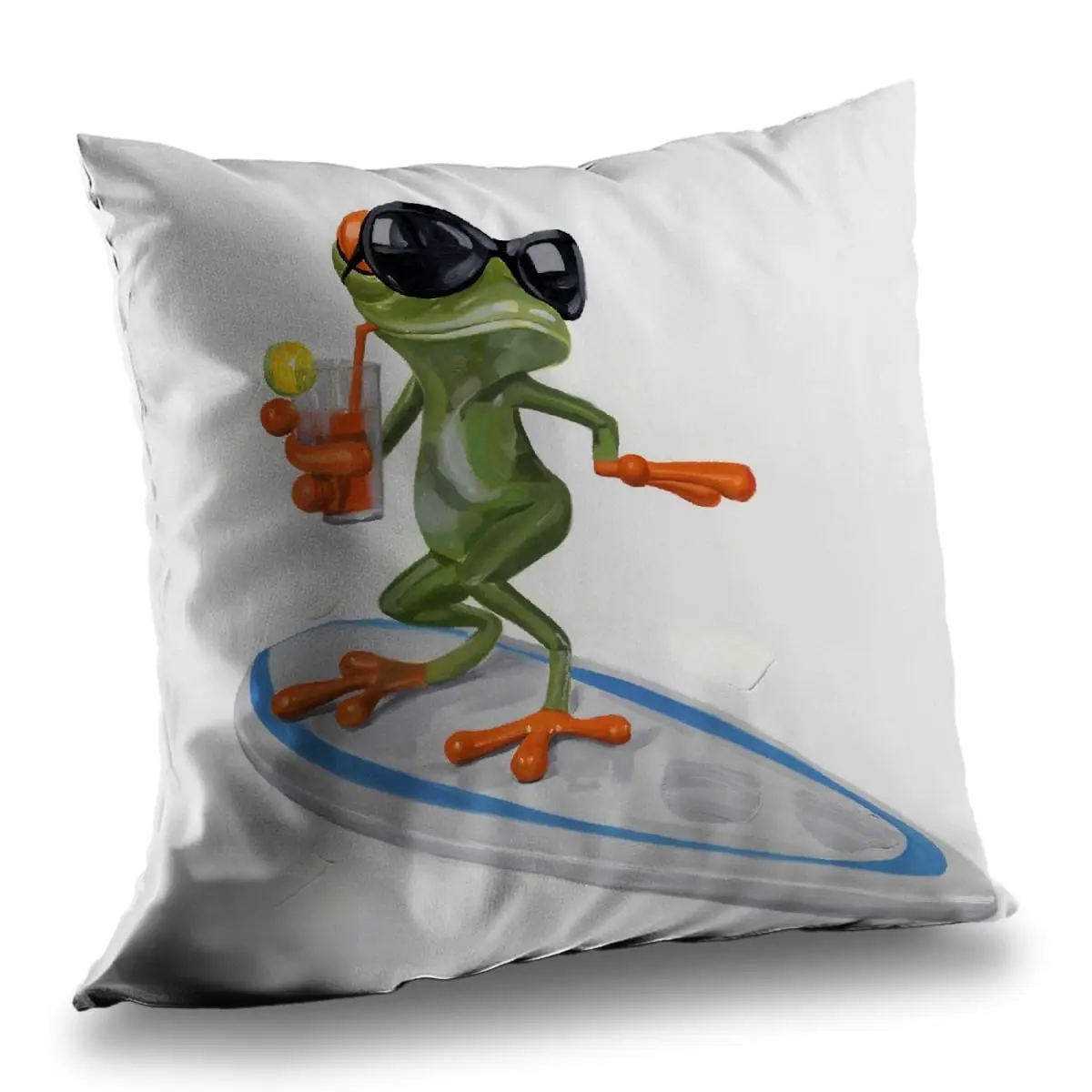 Begin Home Decor C1PT1414QIJD5P 14 x 14 in. Funny Frog Surfing Throw Pillow - Green Poly Twill Decor