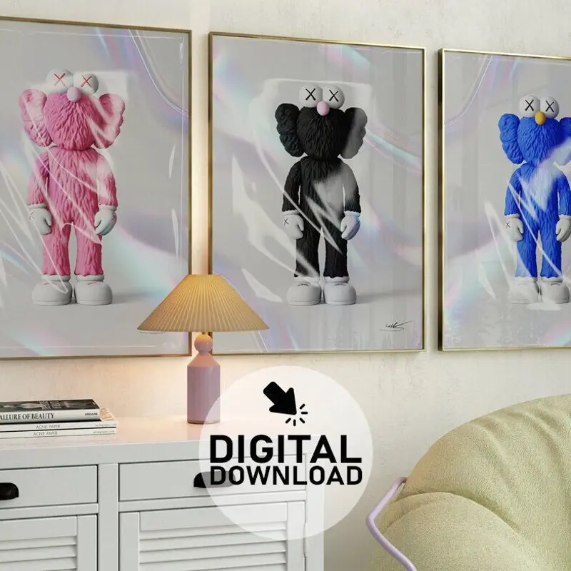Hologram Kaws Poster Set of 3, Room Decor, Minimalist Best Decor, Hyper gift idea,