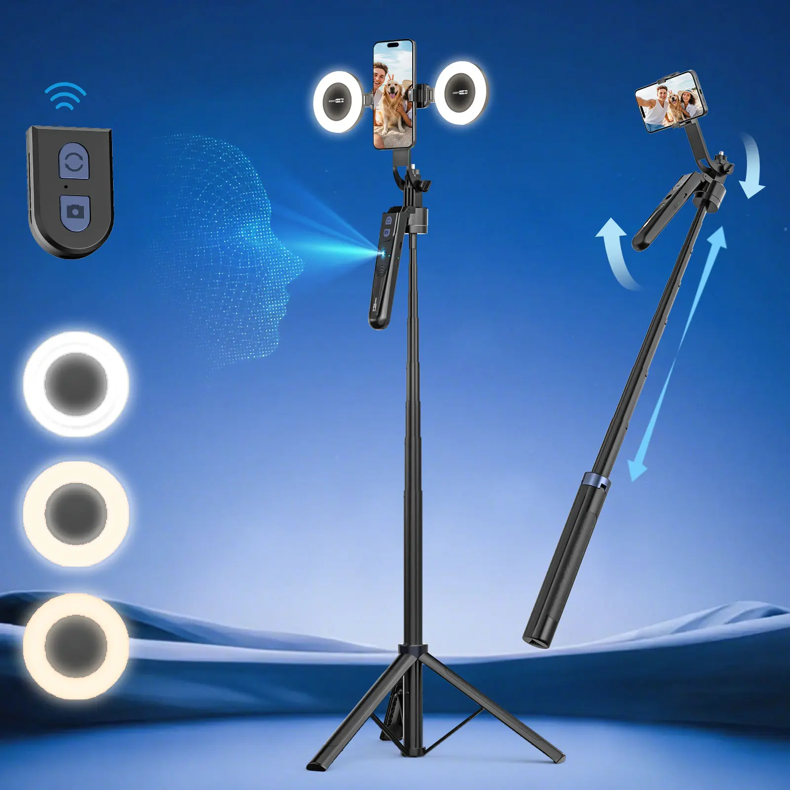 USKEYVISION Auto Face Tracking Cellphone Tripod - 70in Extendable Selfie Stick with LED Photography Flash, Rotating Stand, Remote Control, Mobile Phone Holder for Video Recording, Phone Accessories, Phone Accessories Compatible Smartphone Vlogging Kit