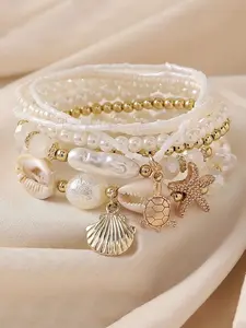 Boho Beach Shell Starfish Pearl Bracelet Set, Ocean Wind Beaded Bracelets, Bangle Bracelet Set, Stackable Bracelets, Perfect for Beach Parties and Vacations, Gift Idea