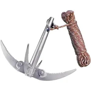 Folding Boats Anchor Grappling Hook Survival Tool with Rope Fishing Supplies   Folding four claw grappling hook water grass cutting knife, 393.7-inch rope fishing water grass cleaner, kayak fishing outdoor climbing anchor hook