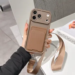 Fashion Simple Solid Color Card Holder Phone Case Cover with Detachable Lanyard, Fits iPhone 17/17 Pro Max/17 Air/16/15/14/13/12/11 Series
