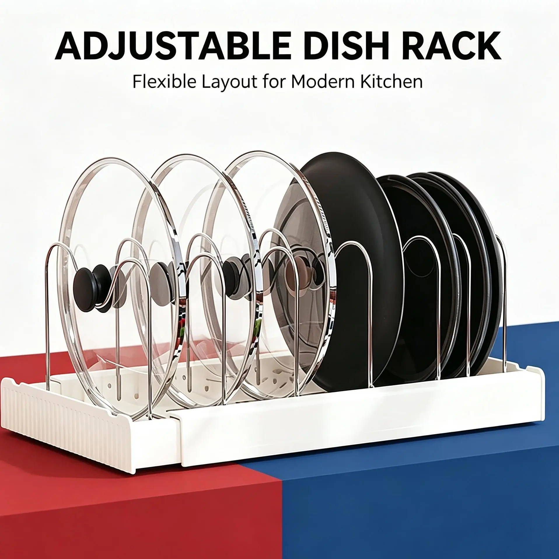 9 Adjustable Stainless Steel Dividers Pot Lid Storage Rack, Expandable Organizer for Pots, Pans & Container Lids, Under Cabinet & Countertop Use, White Finish.adjustable divider