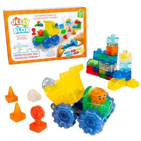 Jelly Blox Construction Dump Truck Set - 30 Colorful Squishy Blocks with Special Sensory Features for Endless Fun & Developmental Benefits