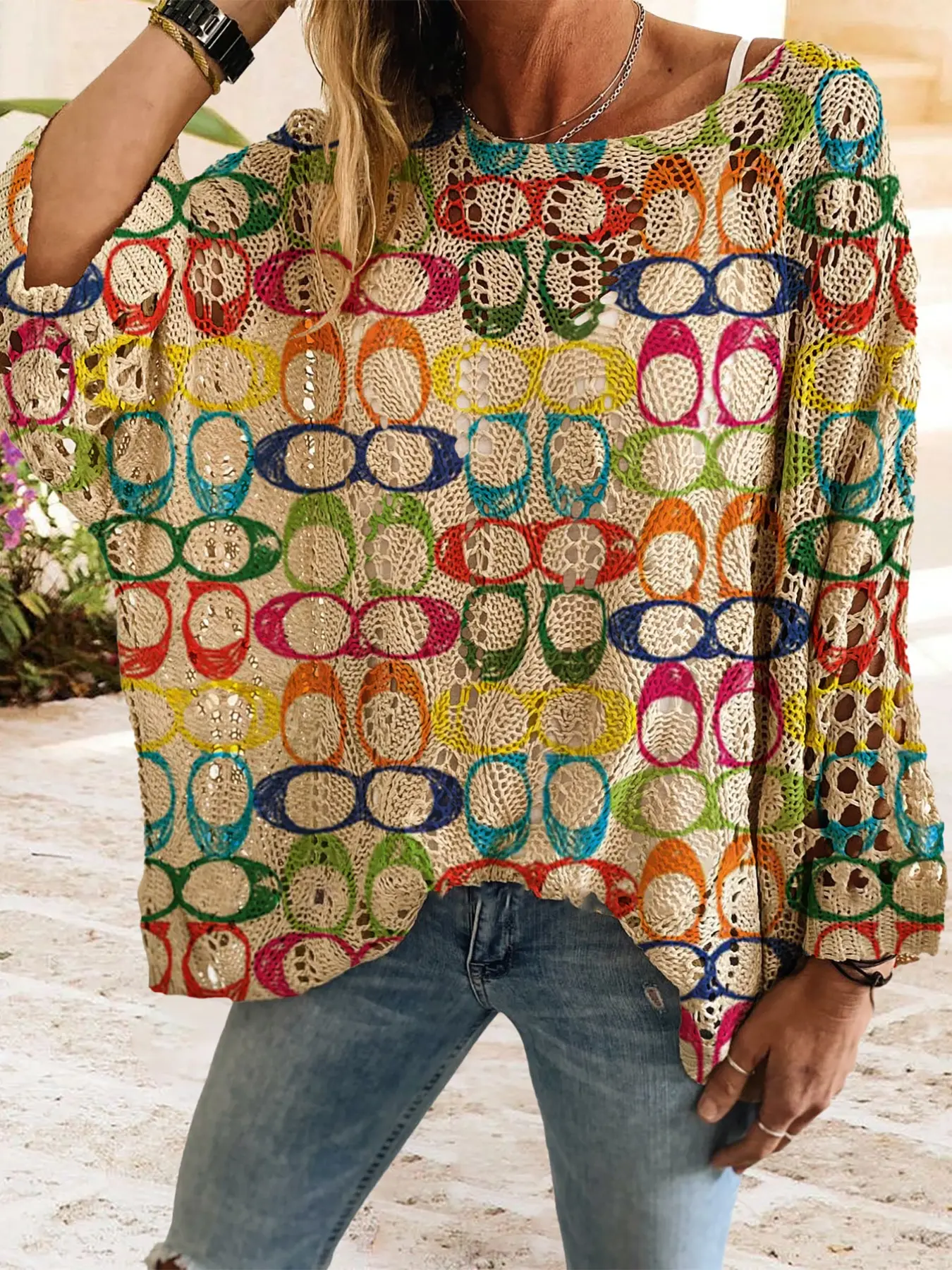 Geometric Colorblock Long Sleeve Knit Top, Casual Elegant Chic Aesthetic Vacation Style Sweater, Knitwear, Loose Batwing Shoulders, Spring Summer Fall Women's Clothing