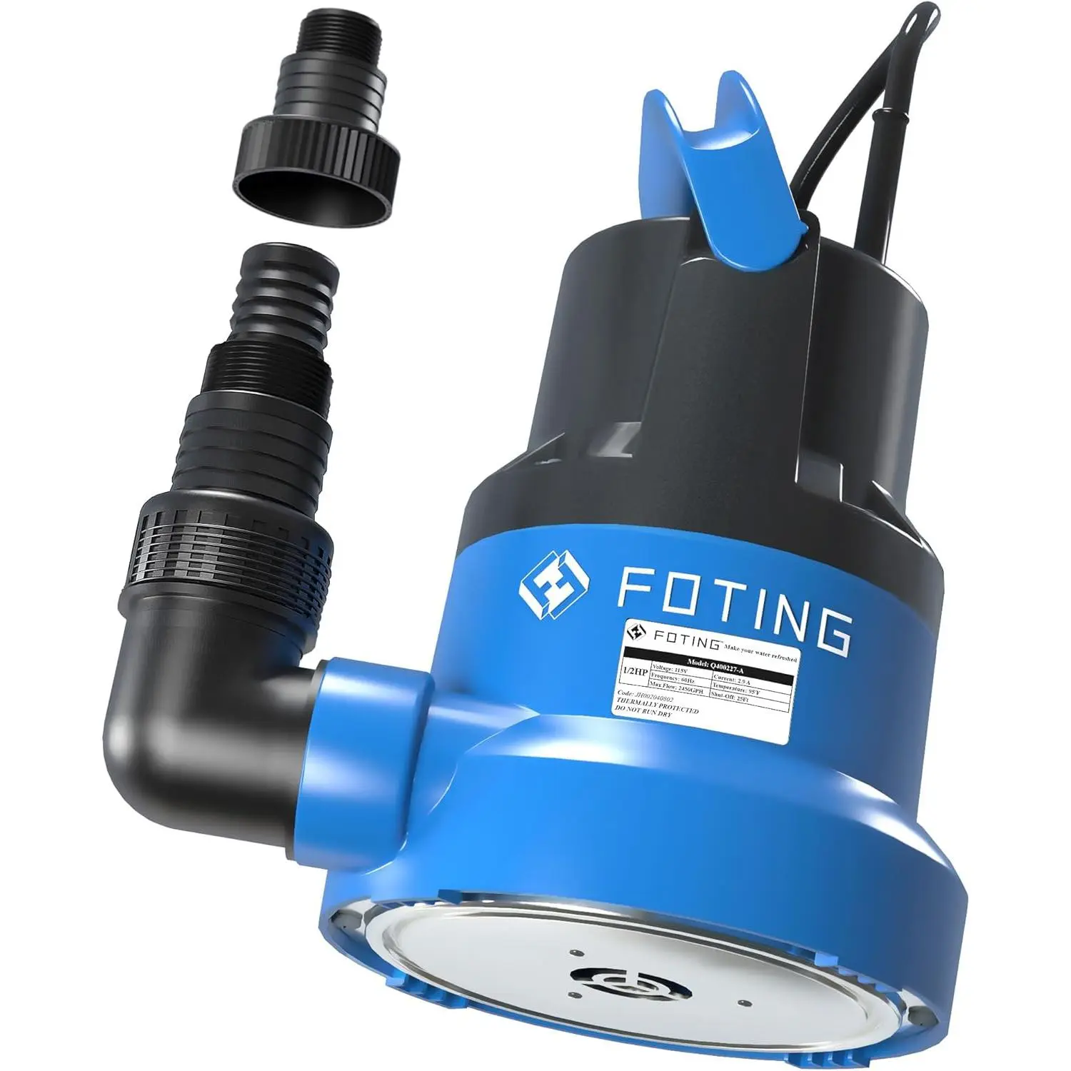 1/2HP Submersible Water Pump with Stainless Steel Base - Removes Water to 0.04" Depth, 2450GPH Portable Sump Pump for Puddles, Pools, Boats, Gardens & Ponds - 10Ft Cord Included