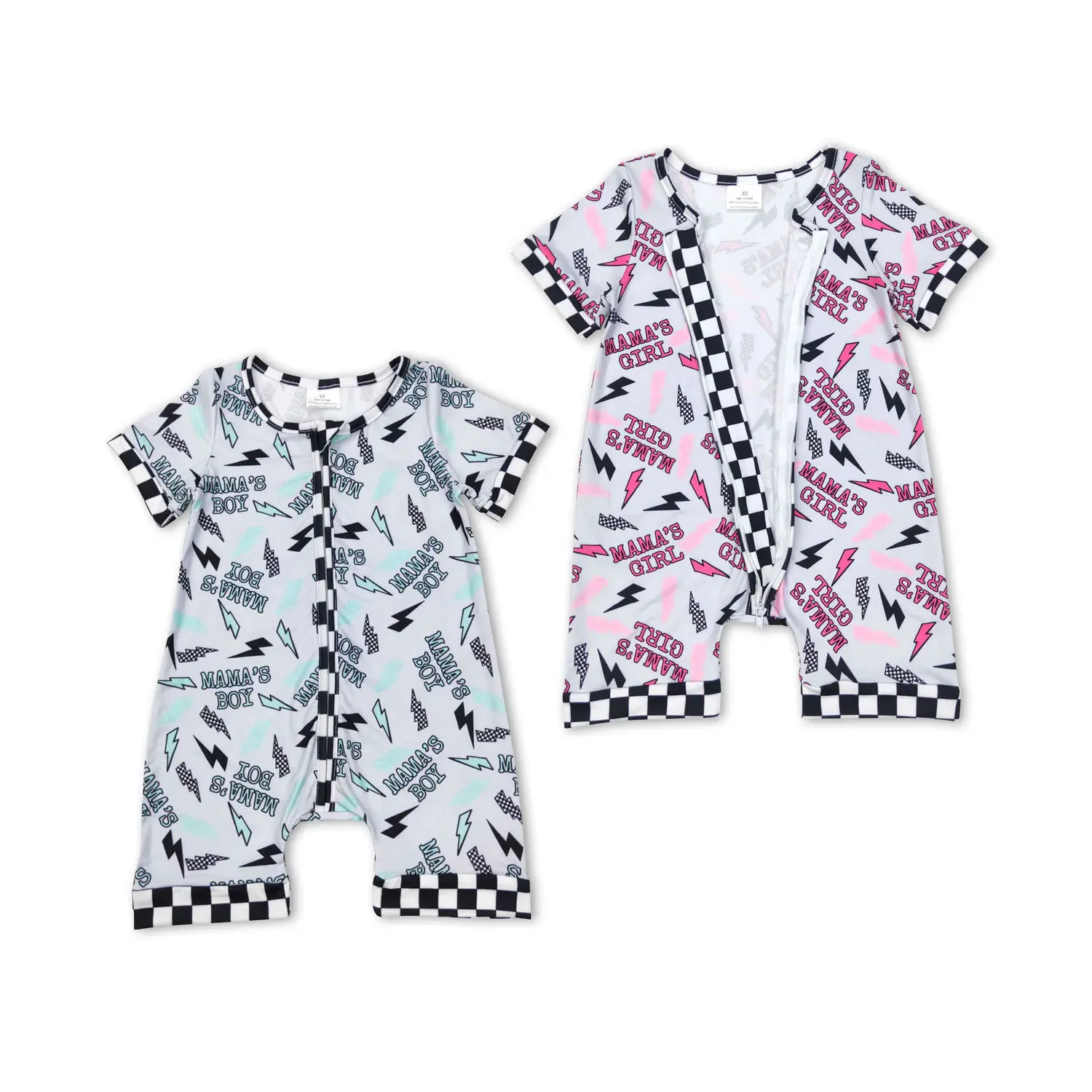 Baby Boy Romper, Checkered Short Sleeve Body Suit with Mama's Boy Graphic, Zip-Up Breathable Cotton Summer Outfit