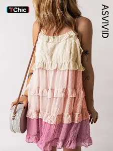 Women's Colorblock Swiss Dot Ruffle Trim Boho Ruffle Hem Tie Back Cami Dress, Boho Fashion Casual Spaghetti Strap Backless Short Dress for Beach Holiday Vacation