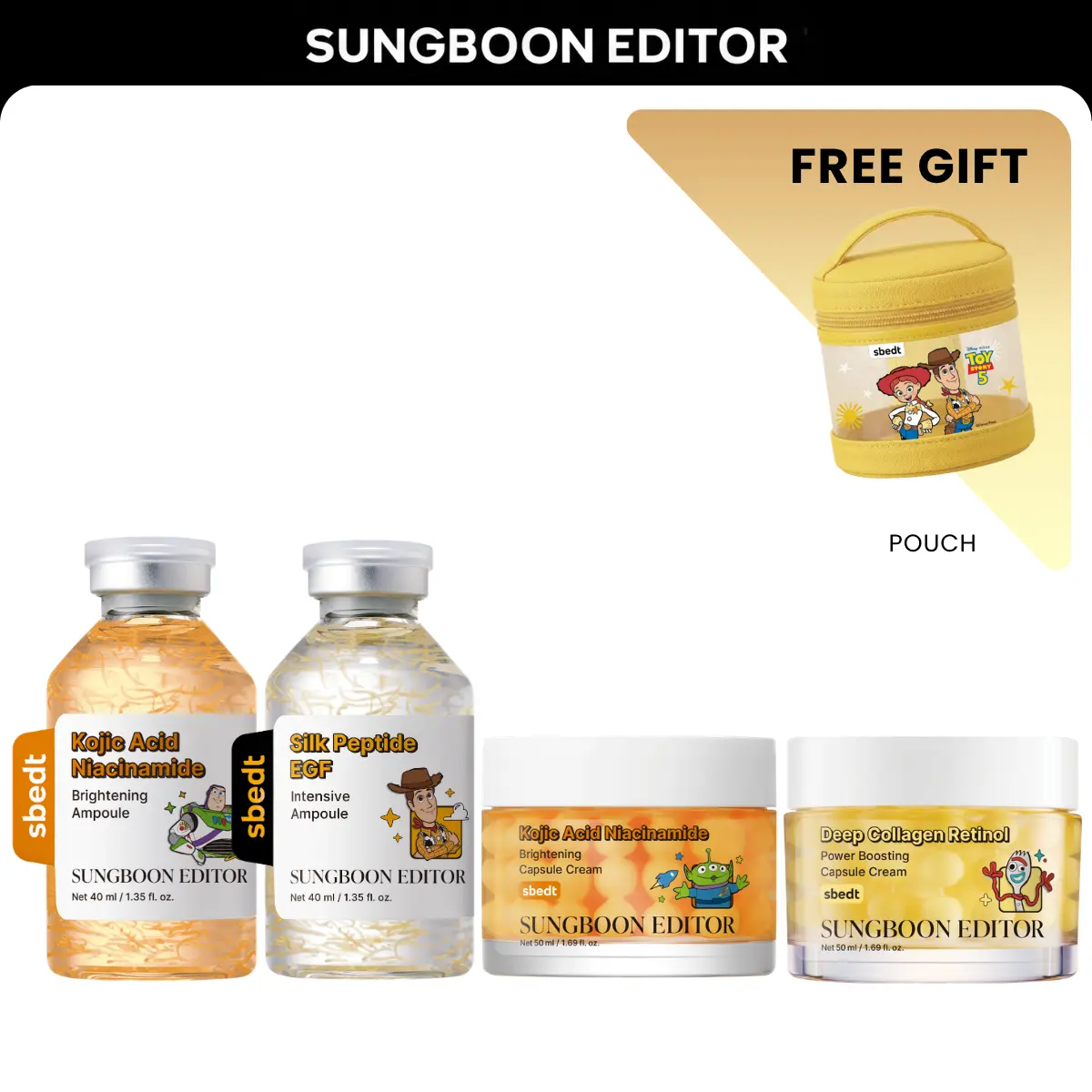 [Toy Story X Sbedt] Lift & Brighten Set | Silk Peptide EGF Ampoule + Deep Collagen Retinol Cream + Kojic Acid Niacinamide Ampoule + Kojic Acid Niacinamide Capsule Cream