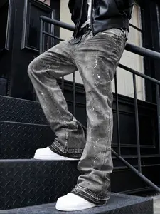 Men's High-End Casual Streetwear Loose Fit Jeans, All Seasons Button Fly Zipper Micro Flare Pants, Plain Washed Denim Bottoms