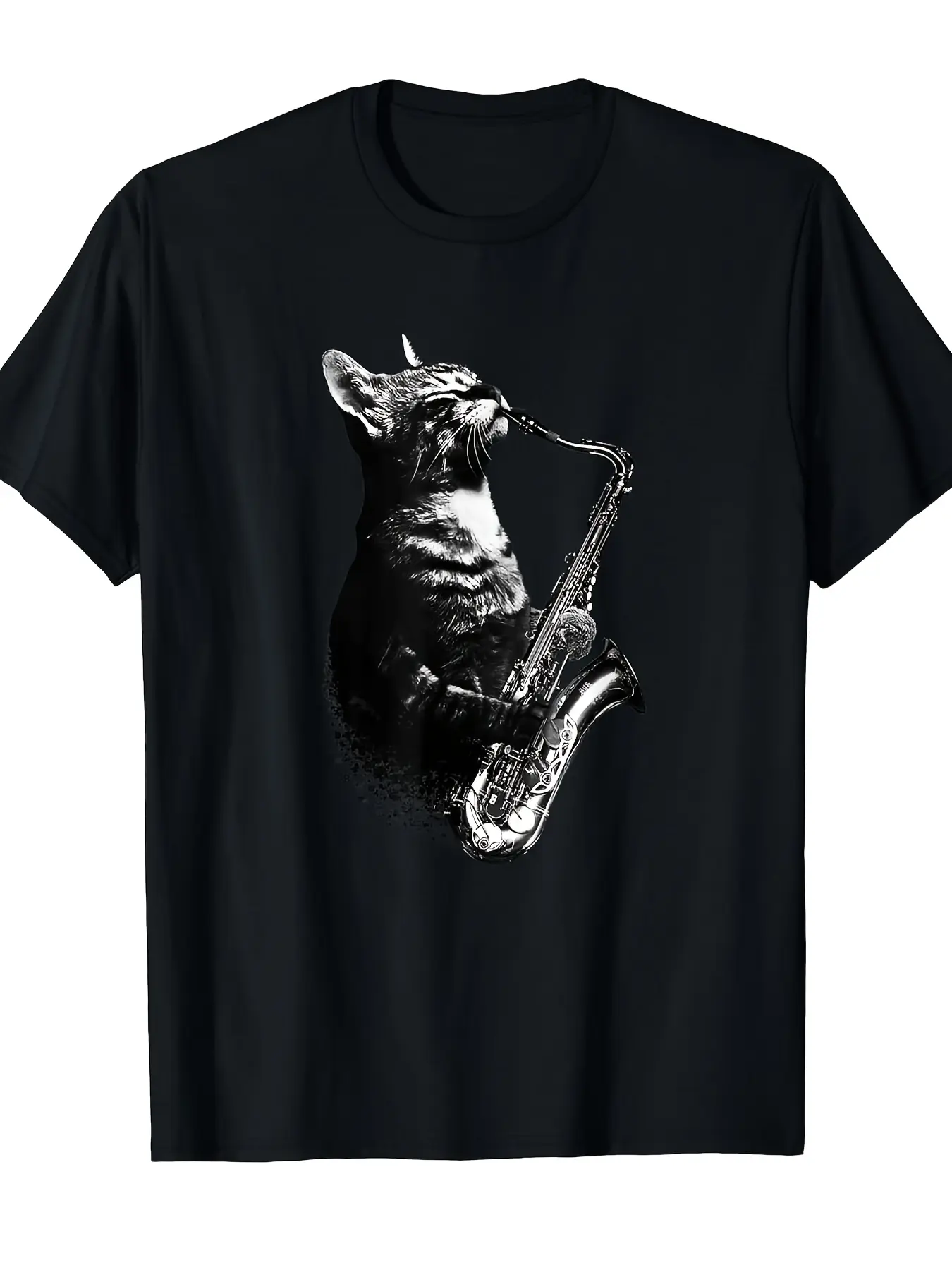Saxophone Player Pattern T-Shirt-Black White Saxop unisex soft cotton short sleeve t shirt, vintage graphic casual tee for men women teens, perfect birthday holiday gift for camping travel gym daily street  wear