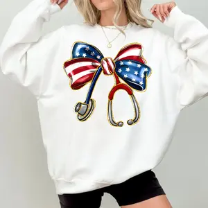 Women's Made in USA Pastel Nurse Easter Bunny Bow Sweatshirt - Polyester-Spandex Yarn Smooth Fabric Stethoscope Crewneck, Coquette Spring Pullover, Easter Gift for RN Nursing Students