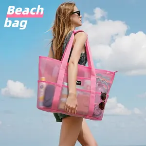 Summer Vibes Mesh Beach Bag-Large Waterproof Tote with Zipper,7 External Pockets,Sand-Resistant,Lightweight & Foldable,for the Beach,Pool,Gym,Camping,Vacations,Gift-Giving,Mother's Day Gifts