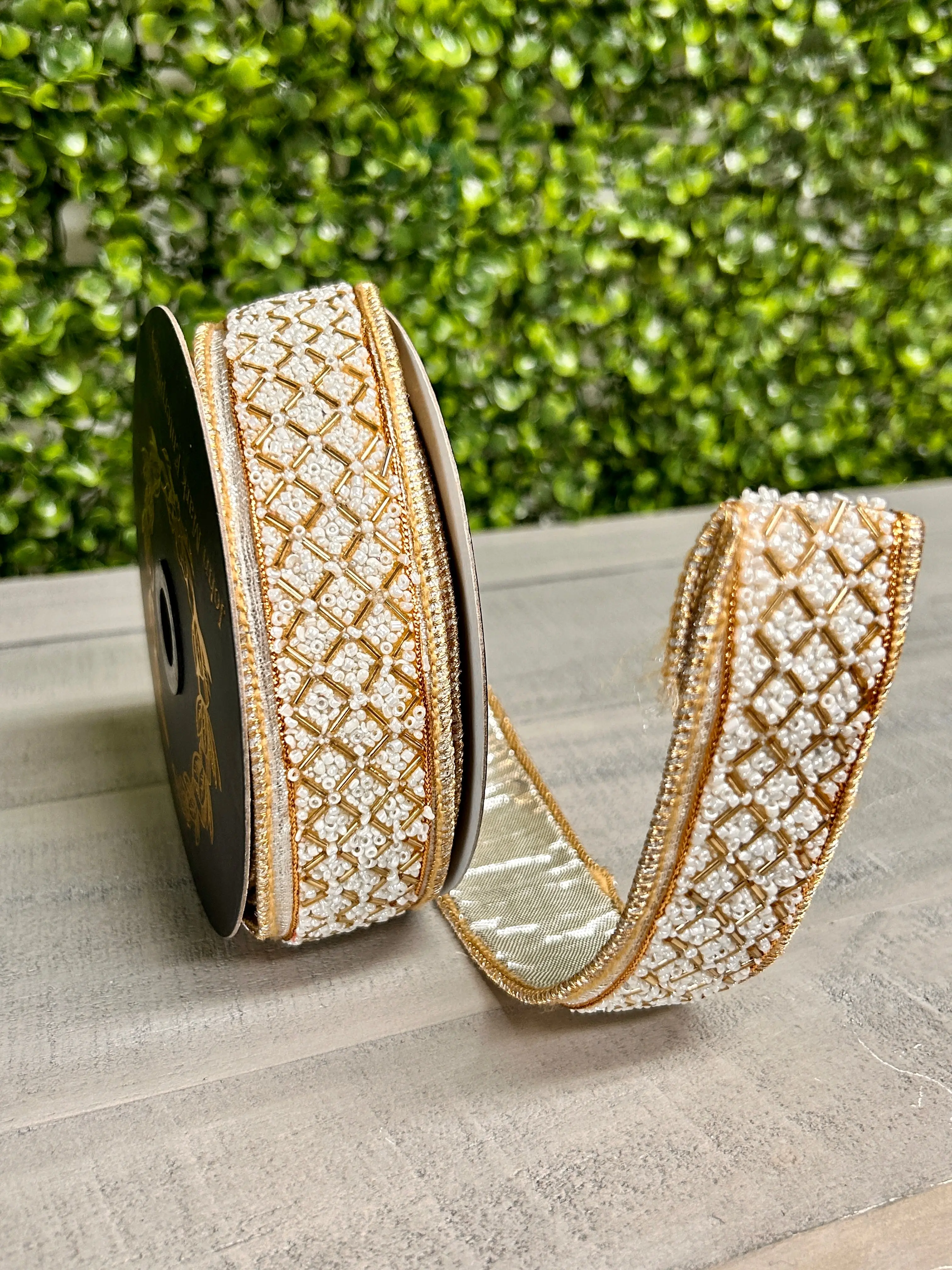 John Mark Enterprises 1.5 Inch By 5 Yard Ivory And Gold Beaded Trim Metallic Ribbon