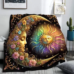 Boho Style Moon & Sun Print Blanket, 1 Count Soft Lightweight Throw Blanket, Air-conditioned Room Blanket, Warm Nap Blanket for Home & Office, Lightweight Cozy Blanket