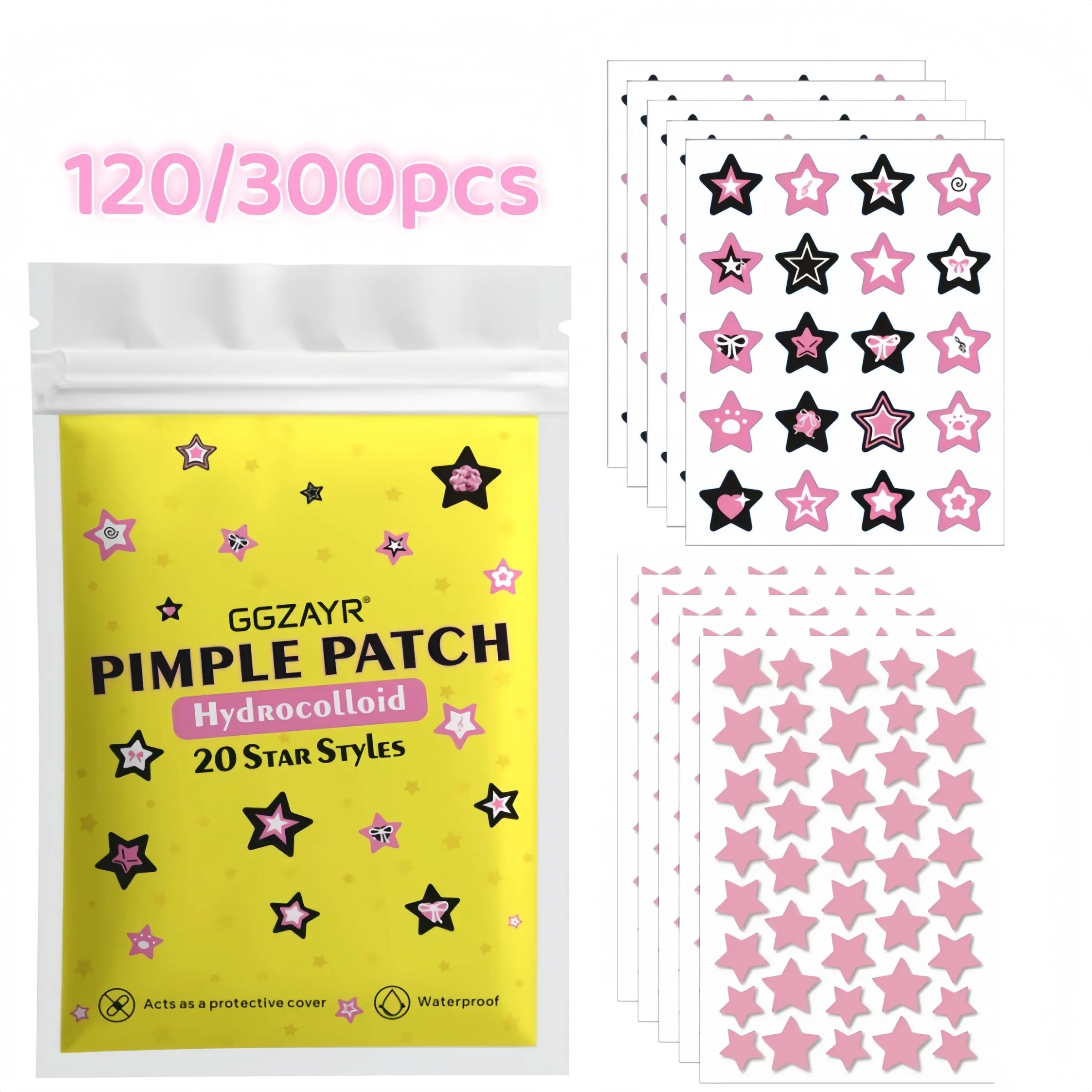 120/300pcs Pink Fun Star Pimple Patch Collection, Acne Patches, Blemish Patches, Playful Star-Shaped Spot Stickers with Cute Graphic Style, Decorative Cover for Trendy Looks, Easy Stick Unisex Use for All Skin Types