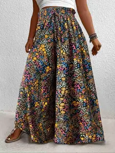 【Plus Size】 All Over Print Wide Leg Pants, Fashion Pants, Boho Trousers, Comfy High Waist Trousers for Daily Wear, Women's Bottoms for Summer, Casual Loose Pants