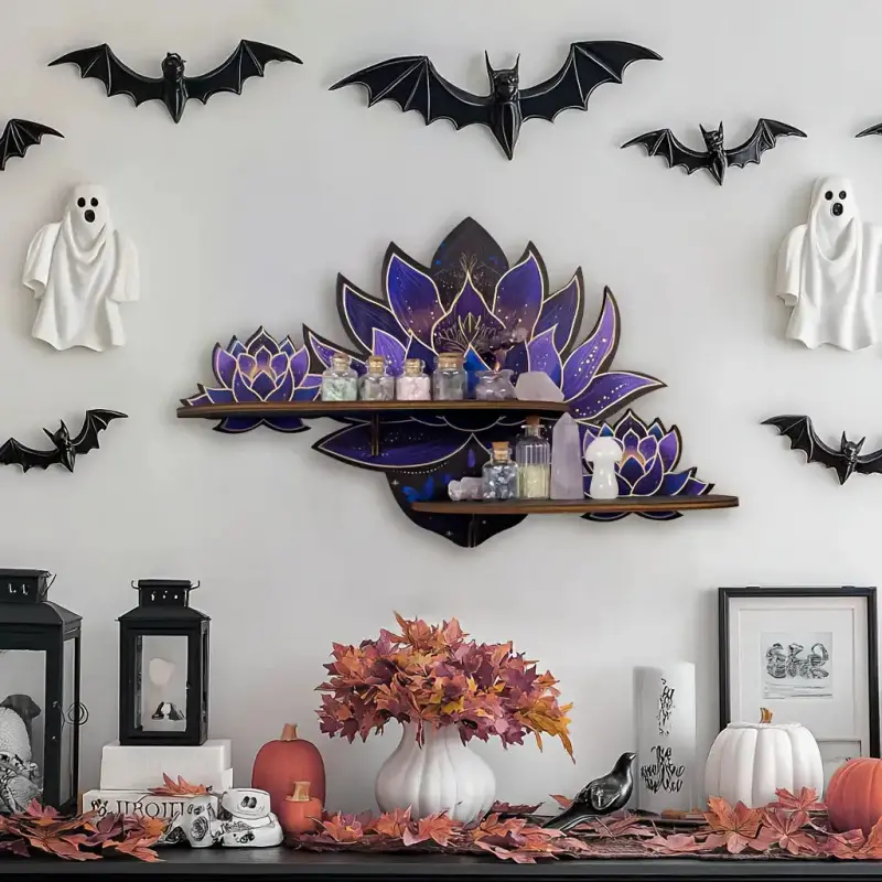 1 Set Bohemian Lotus Wall Shelf, Spiritual Wooden Floating Display Shelf, Purple Blue Lotus Wall Mount Organizer for Crystals, Yoga Meditation Room Decor, Zen Wall Art, Wooden Wall Rack, Room Accessories