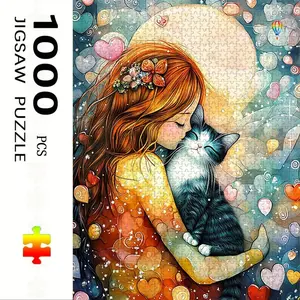 1000 Piece Girl Holding Cat Puzzle, Jigsaw Puzzle, Large Adult Family Interactive Toy, DIY Home Decor Brain Challenge, Holiday Scene, Perfect Gift