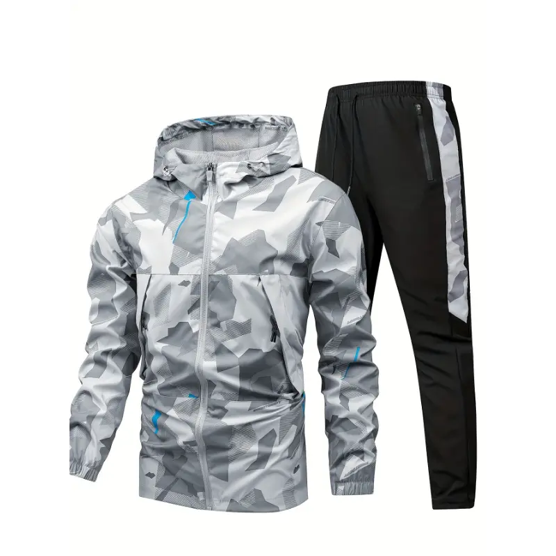 Men's Camo Print 2-Piece Athletic Tracksuit Set - Hooded Long Sleeve Polyester Blend (5% Elastane) Woven Fabric Activewear with Pockets, Regular Fit, Multi-Size (XXS-XXXL), Dry Clean, for Fall & Winter Outdoor Sports, Athletic Fashion Activewear