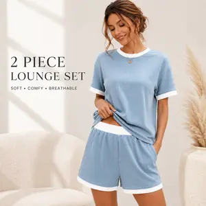 Women’s Soft Ribbed 2 Piece Lounge Set, Casual Short Sleeve Top & Shorts Pajama Set, Lightweight Comfy Summer Sleepwear for Home Daily Wear