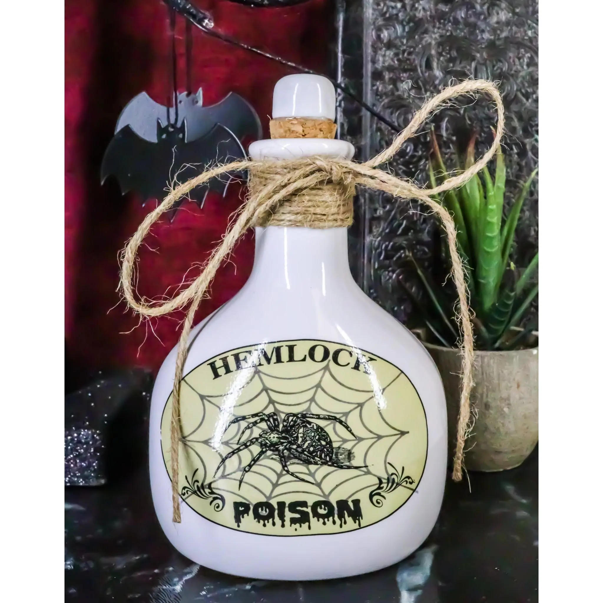 Ebros 5.5"H Ceramic Mad Doctor Halloween Display Bottle with Cork Lid, Decorated with Decal Sticker, Witchcraft-Themed Gift (Hemlock Spider), Jute Strings