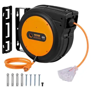 VEVOR 30FT/ 45FT/ 50FT/ 80FT Upgraded Retractable Extension Cord Reel, Heavy Duty   Power Cord with Lighted Triple Tap Outlet, 15 Amp Circuit Breaker, 180° Swivel Bracket for Ceiling or Wall Tested to UL Standards Cable Safety Convenience
