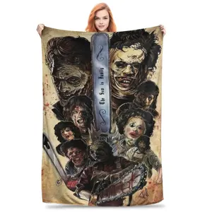 [Horror Movie Plush Blanket] Jason Voorhees Horror Movie Icons Freddy Krueger Michael Myers Pennywise Saw Blade Characters - Horror Film Fans Plush Blanket - Soft Flannel Bedspread for Horror Movie Nights, Camping,