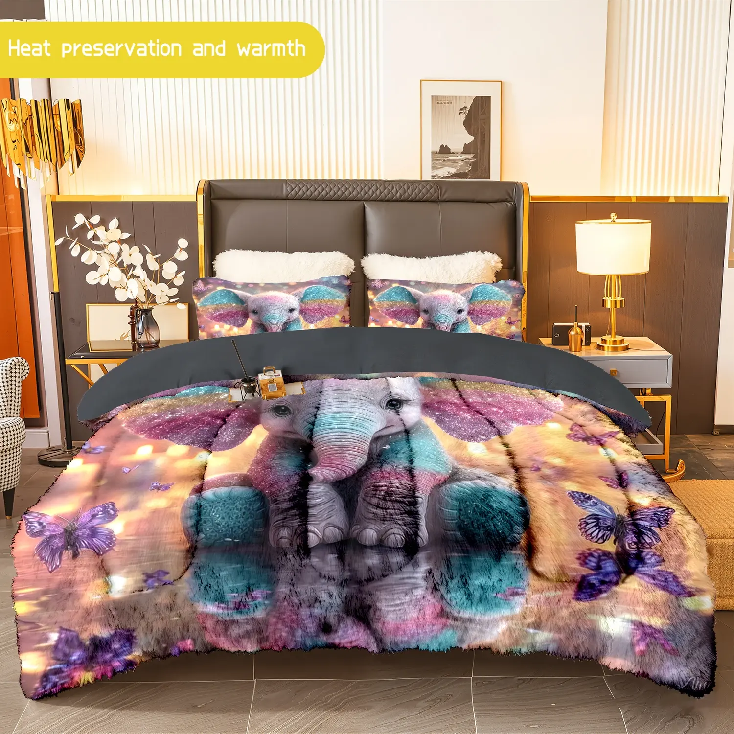 3pcs (1 comforter + 2 pillowcases) Elephant - themed Flannel & Milk Velvet Comforter Set, Soft & Warm Bedding for Adults, Cozy Milk Velvet Quilt Set, Trendy Bedding Essentials
