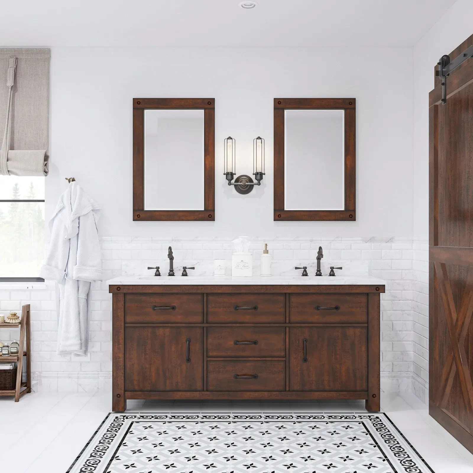 Water Creation Aberdeen 72" Double Sink Carrara White Marble Countertop Vanity in Rustic Sierra with Mirrors
