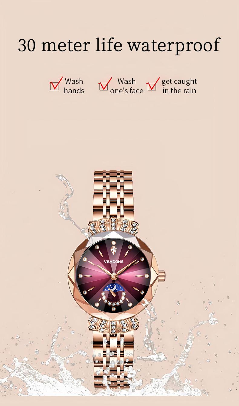 Ludmila Luxury Women's Jewelry Watch Diamond Cut Crystal Stainless Steel Waterproof Moon Star Sun Design Elegant Wristwatch Anniversary Gift for Her