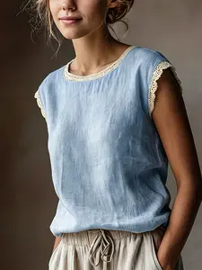 French Vintage Lace Round Neck Sleeveless Top, Summer Loose Breathable Vest, Women's Casual Fashion, Comfortable and Stylish