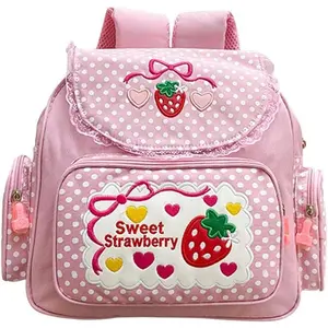 JK Kawaii Backpack for Girls Sweet Strawberry Print School Satchel with Pink Lace Aesthetic Bookbag Compact Lightweight 30x37x13cm Water Resistant Durable Spacious Organized Ideal for Daily Use