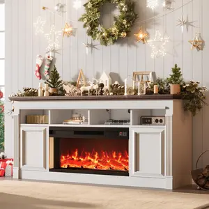 Garvee 68" Electric Fireplace TV Stand for TVs Up to 75", Farmhouse Style Entertainment Center with 36" Fireplace, Open Storage Shelves, White and Brown Console Table for Living Room