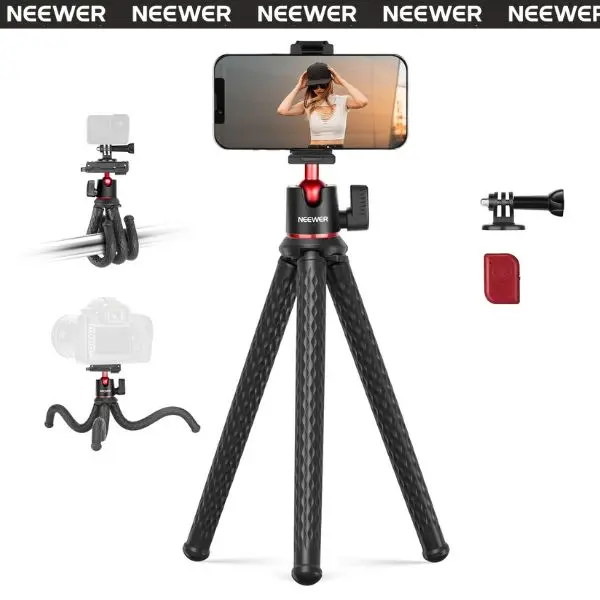 NEEWER TP34 Flexible Phone Tripod, Small Mini Camera Webcam Desk Stand, Phone Holder & Action Camera Mount Adapter Compatible with iPhone GoPro DJI Pocket 4 3 Xtra Muse Insta360 for Video Recording tiktokshopbacktoschool