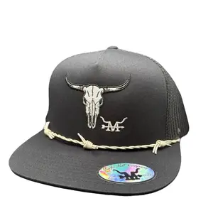 Glow in the Dark Longhorn Hat - Black Trucker Cap with Barbed Wire Detail and Glow in the Dark Skull