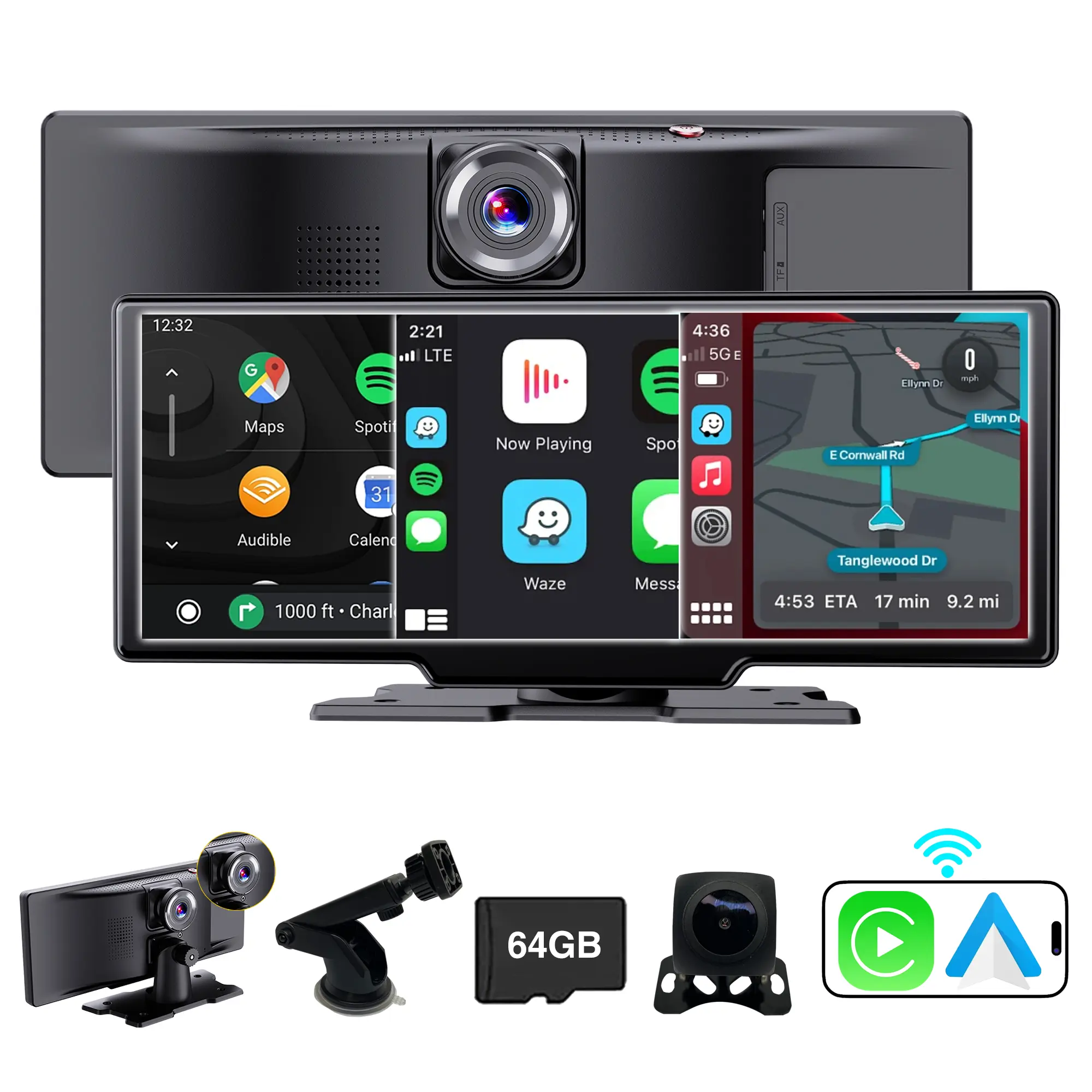SCUMAXCON Portable Carplay Screen 10.26 Inch Touchscreen IPS Car Stereo Wireless Carplay Android Auto 4K Dash Cam AirPlay Android Cast 1080P Backup Camera  Loop Recording Bluetooth Navigation FM AUX