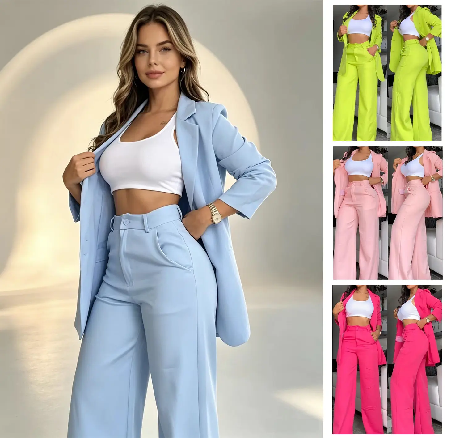 Women's 2-Piece Elegant Solid Color Blazer Suit, Notch Lapel Split Sleeve Jacket & Straight-Leg Trouser Set, 9-Quarter Length, Business Formal Commuter Office Outfits, All Seasons Normal Type, Nine-Quarter