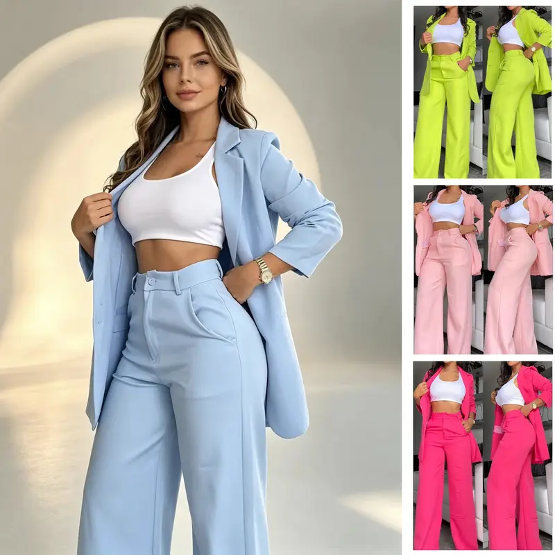 Women's Chic 2-Piece Notched Lapel Dressy Pant Suits - Split-Sleeve 9-Quarter Length Jacket & Straight-Leg Trouser Set, Business Formal Commuter Office Tops, All Seasons, Plus Size Outfit Sets, 2 Piece Sets