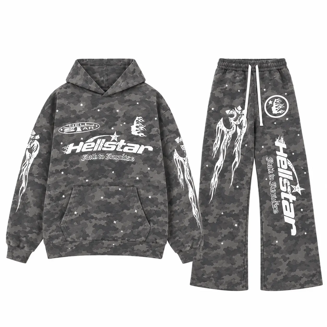Hellstar Racer Tracksuit Vintage Camo Flame Graphic Hoodie Sweatpants Set Oversized Streetwear Jogger Set