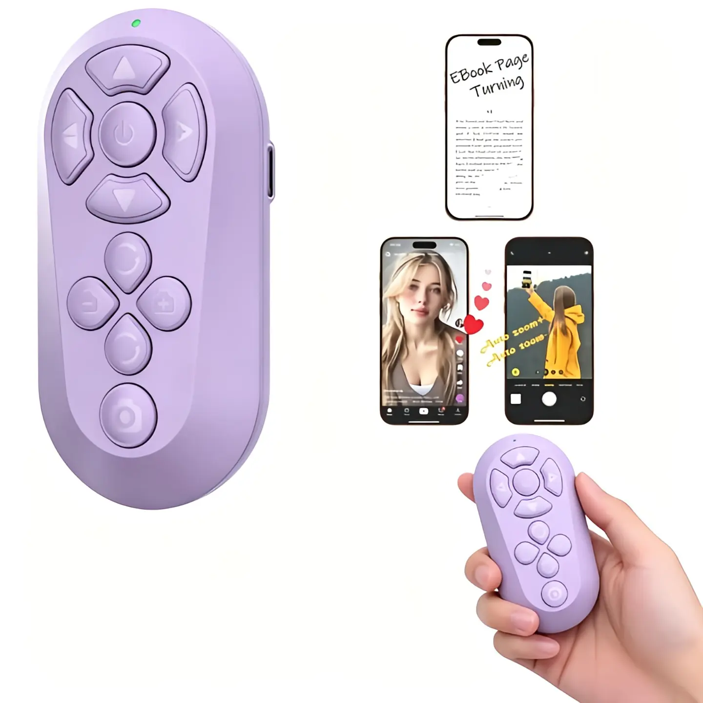 2026 Upgraded Wireless Controller - Handsfree Scrolling Remote for TikTok, Page Turning, Volume Control, Camera Shutter, Longer Battery Life, Compatible with iPhone Users, Smartphone Users, Purple Phone Accessory